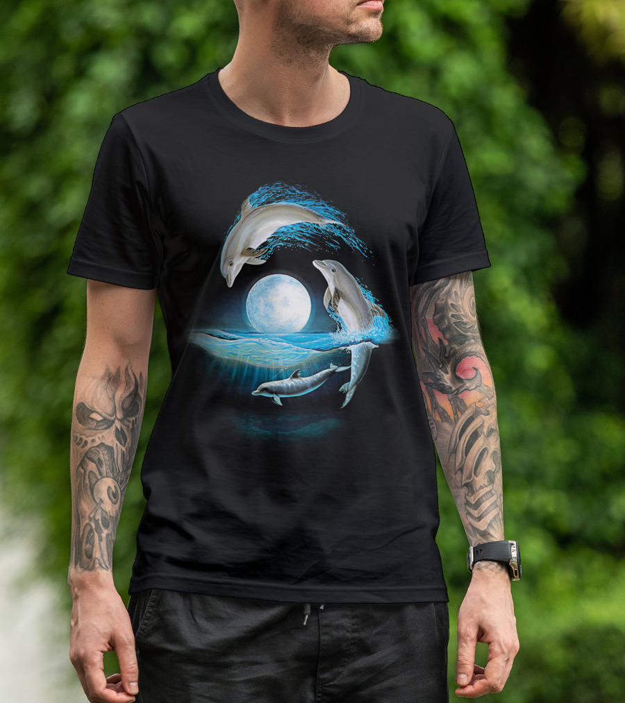 Full Moon Dolphin Leap Ocean Waves T-Shirt