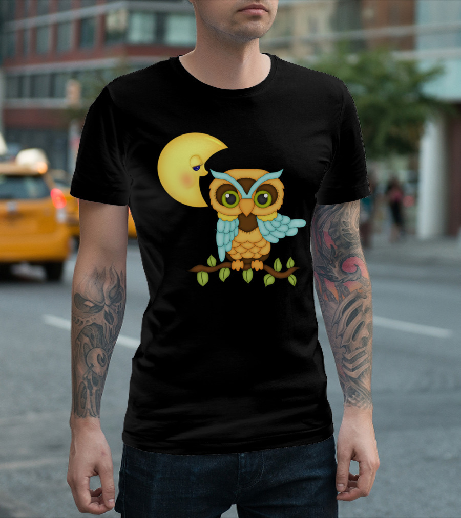 Owl Sitting on Branch with Smiling Crescent Moon T-Shirt