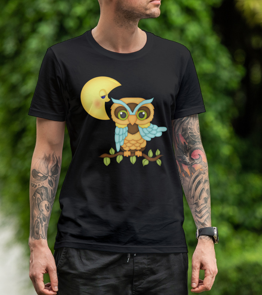 Owl Sitting On Branch With Smiling Crescent Moon T-Shirt