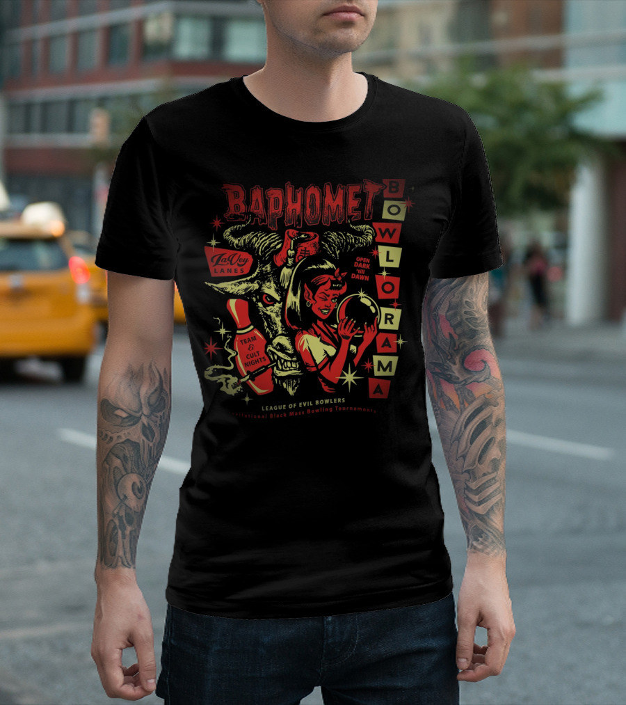 Baphomet Bowlorama LaVey Lanes Team Cult Nights Evil Bowlers All-Night Black Mass Tournament T-Shirt