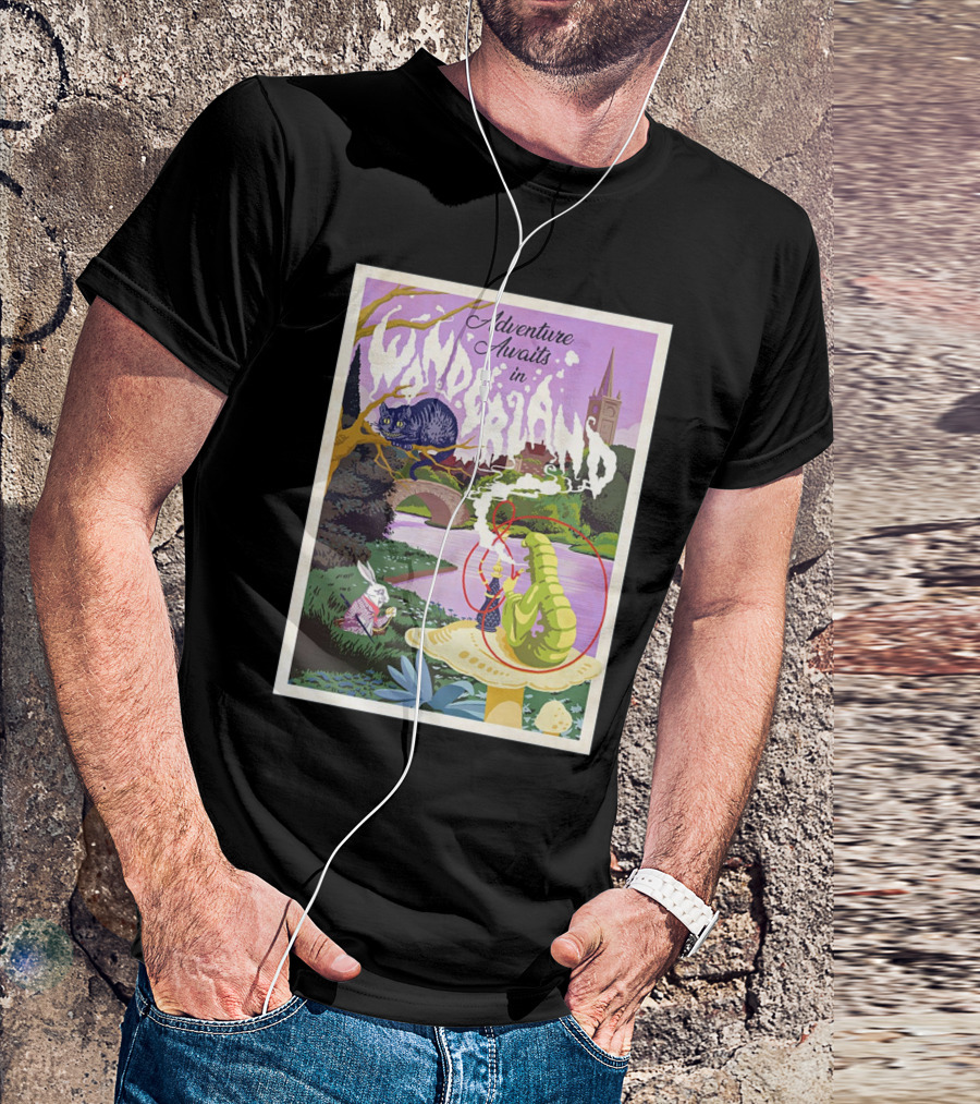 Adventure Awaits In Wonderland Cheshire Cat And Caterpillar Scene T-Shirt