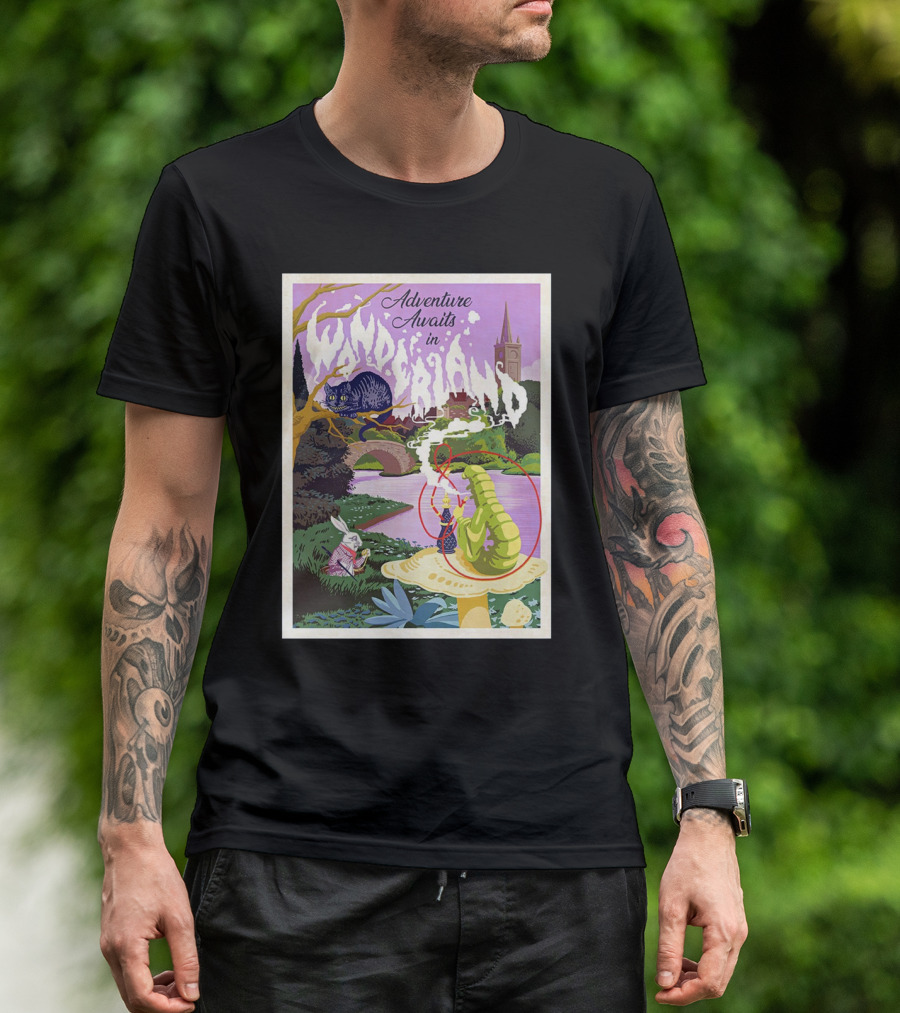 Adventure Awaits In Wonderland Cheshire Cat And Caterpillar Scene T-Shirt