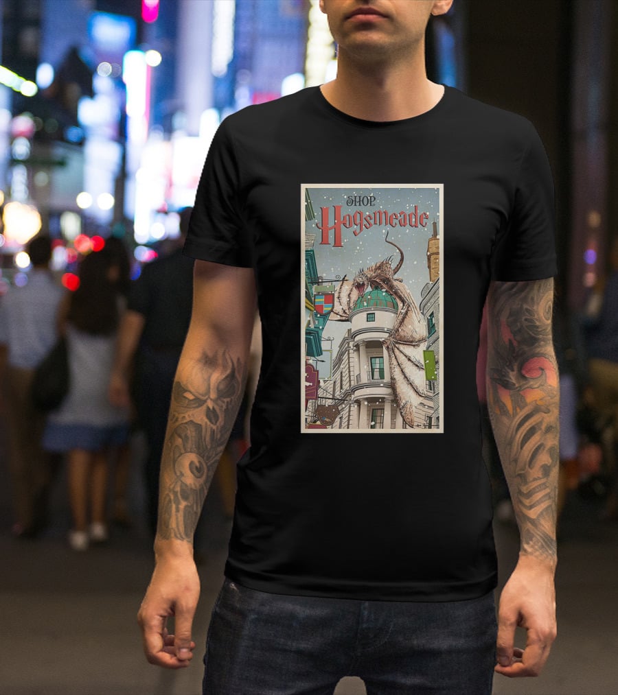Hogsmeade Shopping Adventure With Snowy Streets And Dragon-Guarded Shops T-Shirt