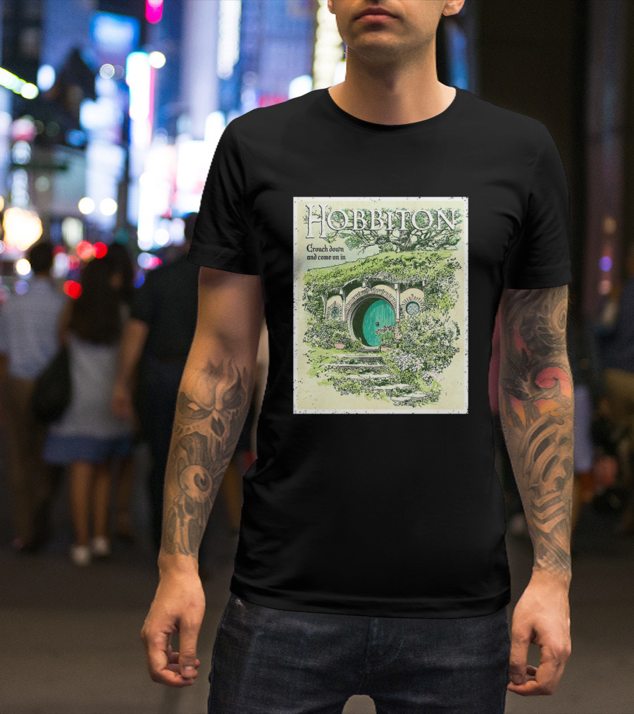 Hobbiton Crouch Down And Come On In With Illustrated Green Door And Garden Path T-Shirt