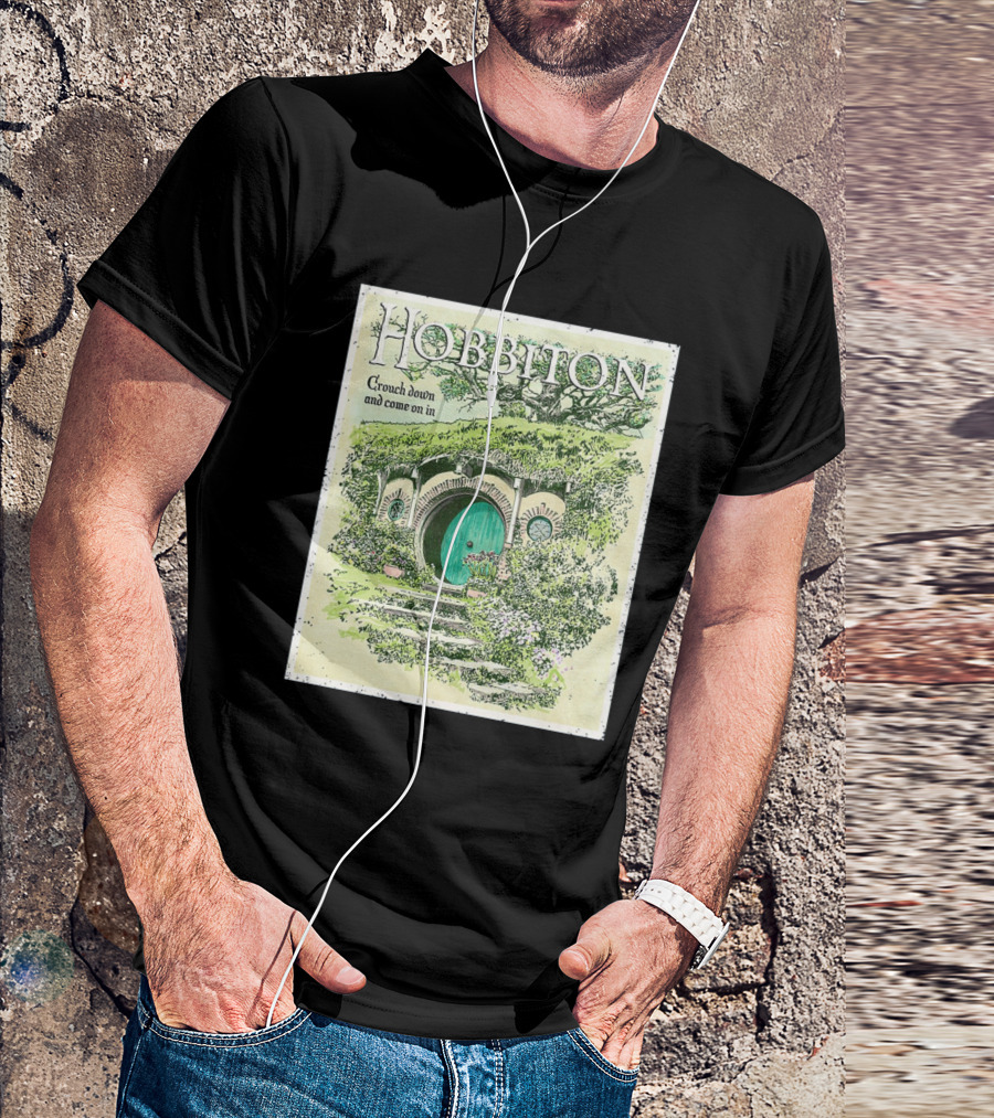Hobbiton Crouch Down And Come On In With Illustrated Green Door And Garden Path T-Shirt