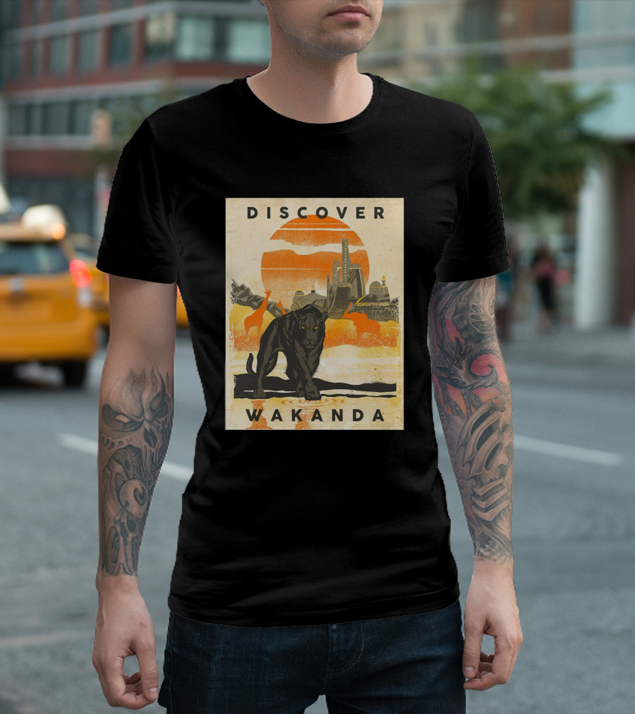 Discover Wakanda Panther and Futuristic Cityscape with Sunset T-Shirt
