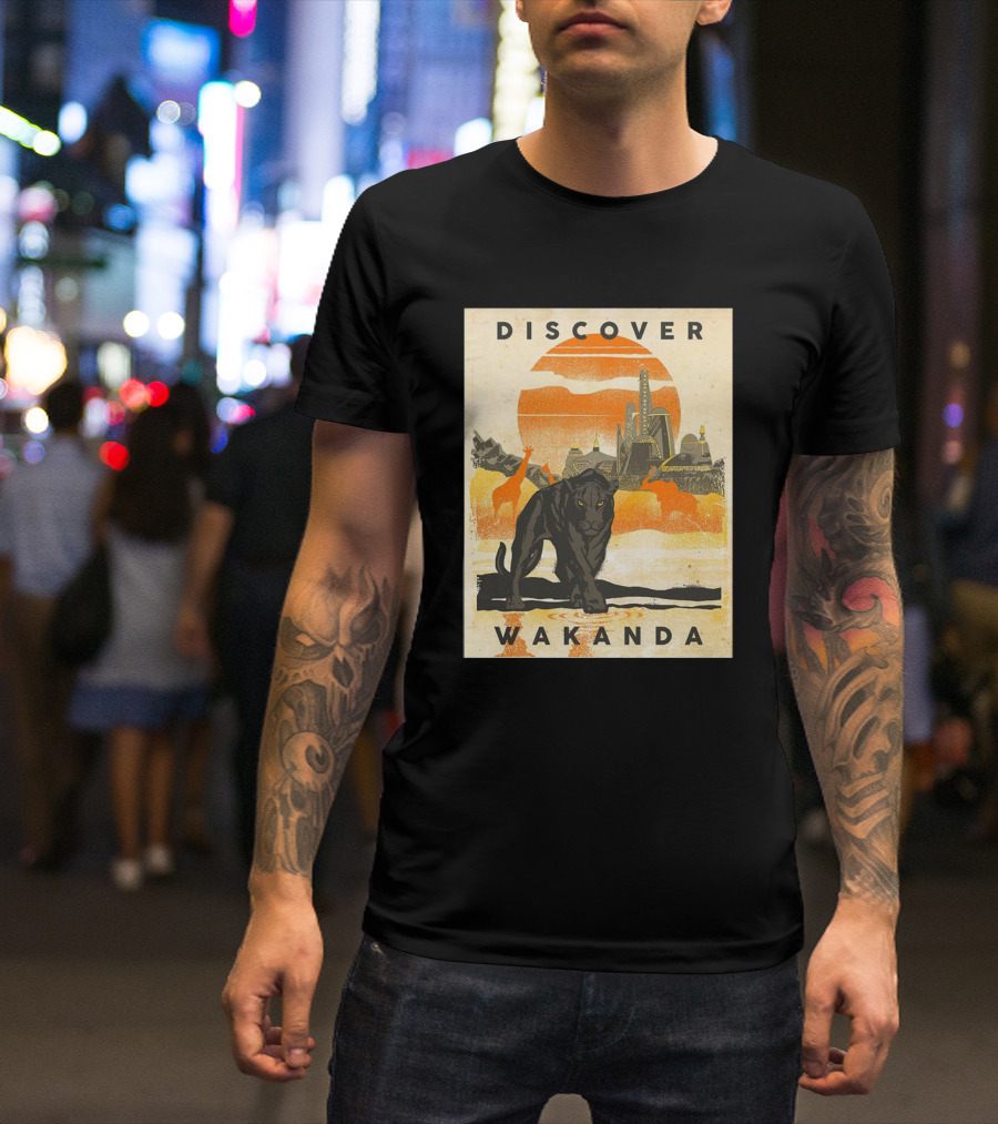 Discover Wakanda Panther And Futuristic Cityscape With Sunset T-Shirt