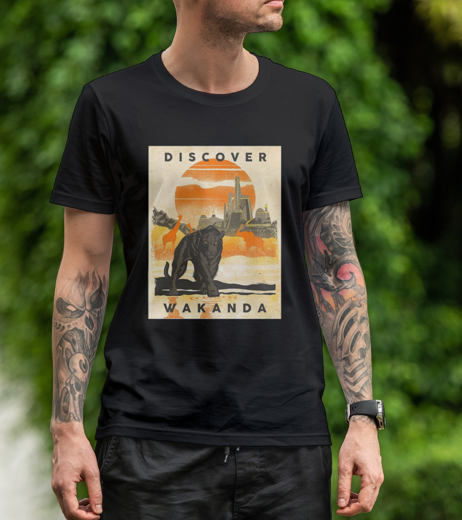 Discover Wakanda Panther And Futuristic Cityscape With Sunset T-Shirt