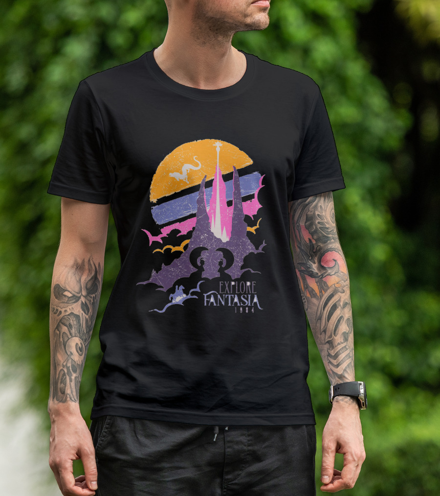 Explore Fantasia 1984 Vintage Adventure Sunset Magic Realms T-Shirt