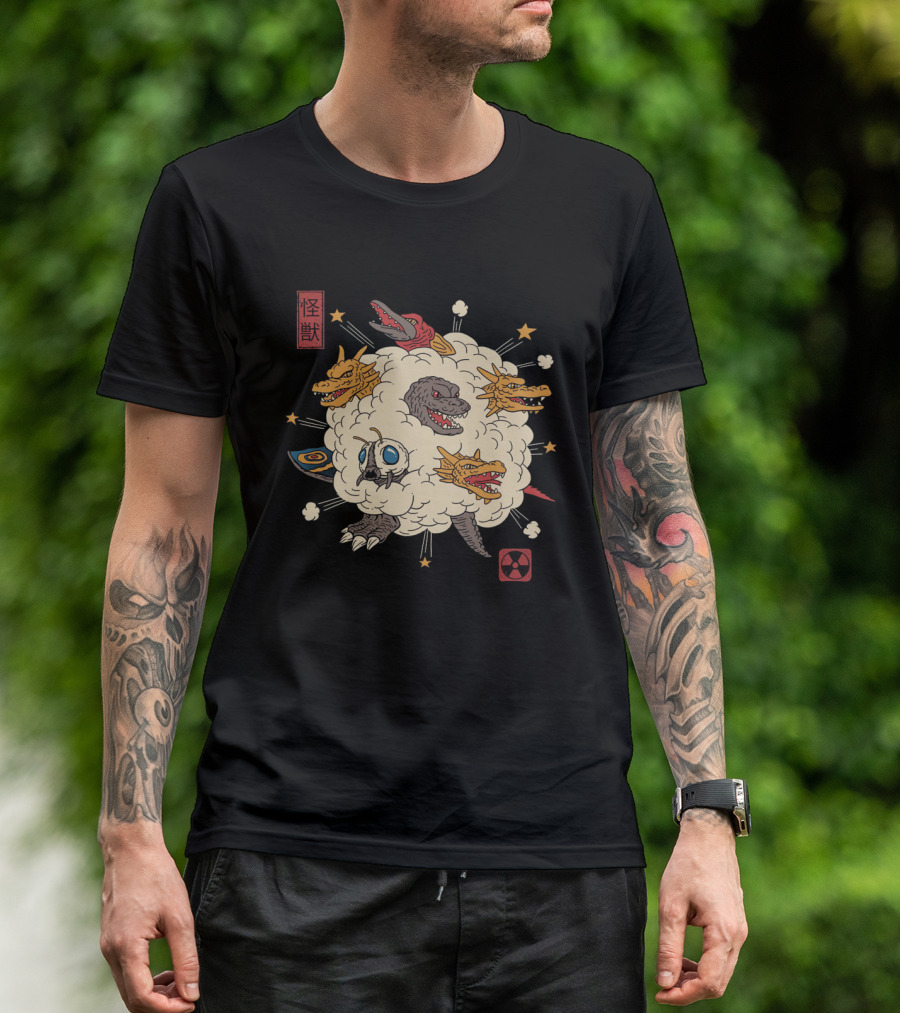 Kaiju Rumble Monster Battle Scene With Nuclear Symbol And Japanese Characters T-Shirt