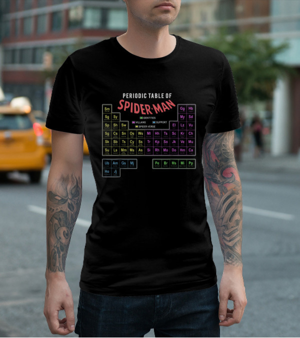 Periodic Table Of Spider-Man Identities Villains Support Spider-Verse T-Shirt