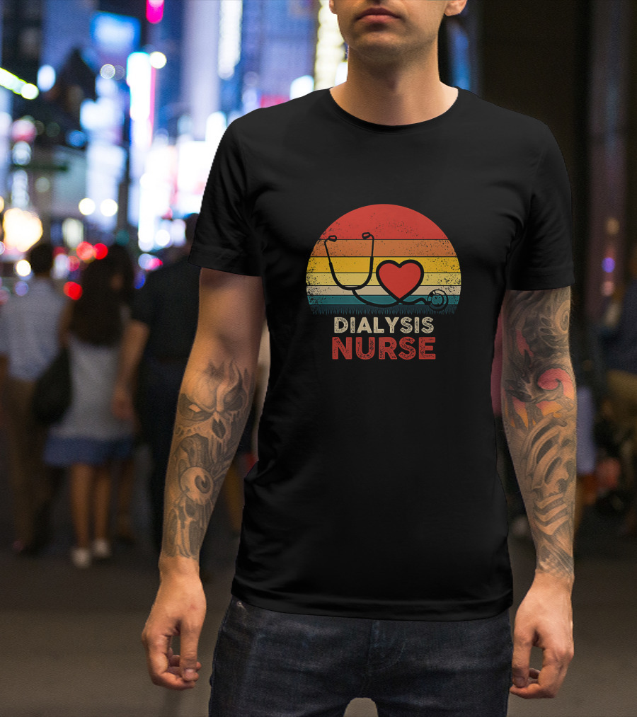Dialysis Nurse Vintage Heart Stethoscope Sunset Stripes T-Shirt