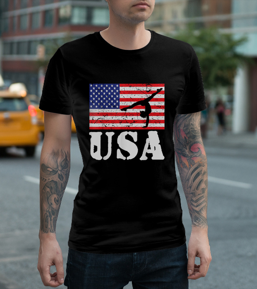 Distressed USA Flag Gymnastics Vintage Tumbling American Flag T-Shirt