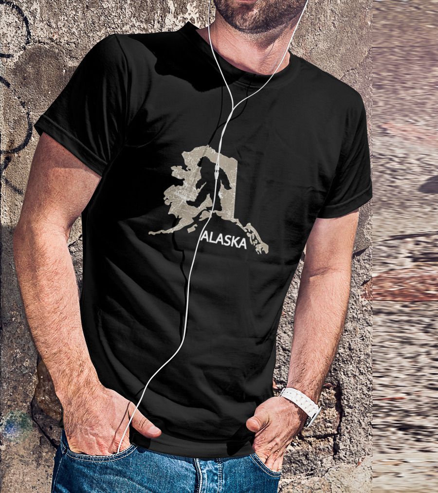 Bigfoot Silhouette Over Map Of Alaska I Believe Loves AK Sasquatch T-Shirt