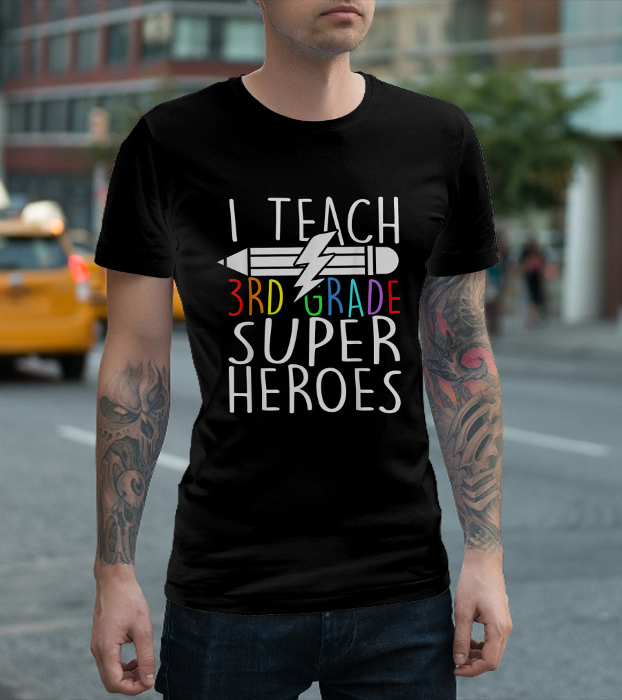 I Teach 3rd Grade Superheroes Pencil Lightning Bolt T-Shirt