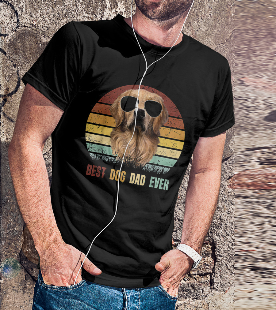 Golden Retriever With Sunglasses Best Dog Dad Ever Vintage Stripes T-Shirt