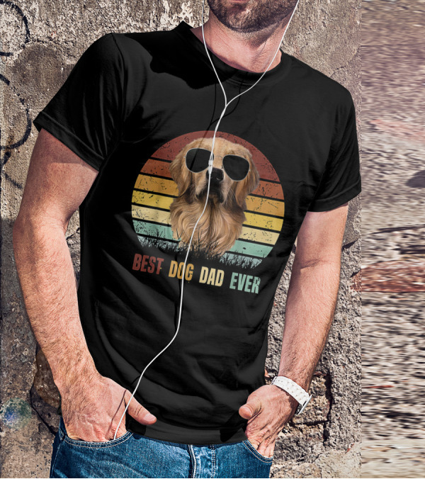 Golden Retriever With Sunglasses Best Dog Dad Ever Vintage Stripes T-Shirt
