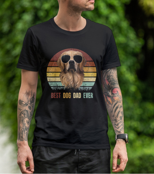 Golden Retriever With Sunglasses Best Dog Dad Ever Vintage Stripes T-Shirt