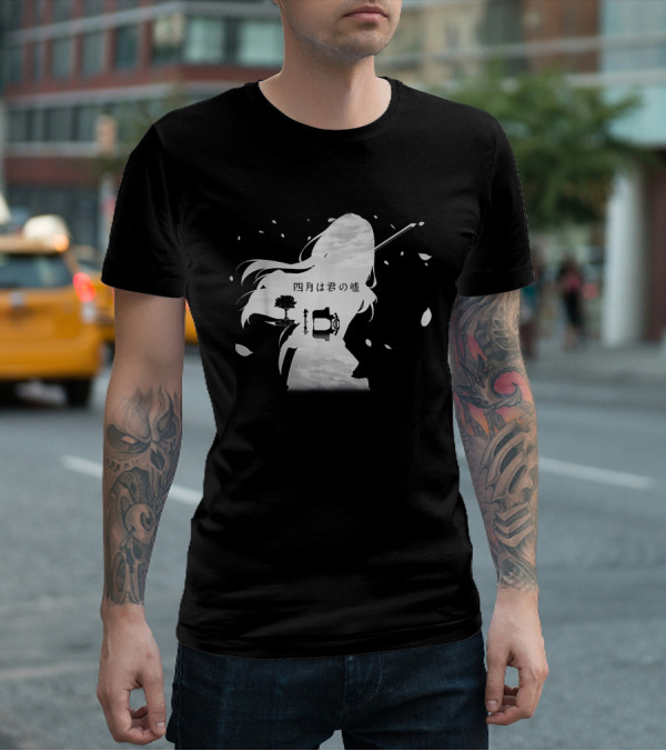 Your Lie In April Anime Piano And Violin Silhouette With Tree And Clouds T-Shirt
