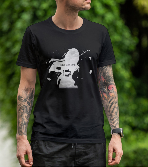 Your Lie In April Anime Piano And Violin Silhouette With Tree And Clouds T-Shirt