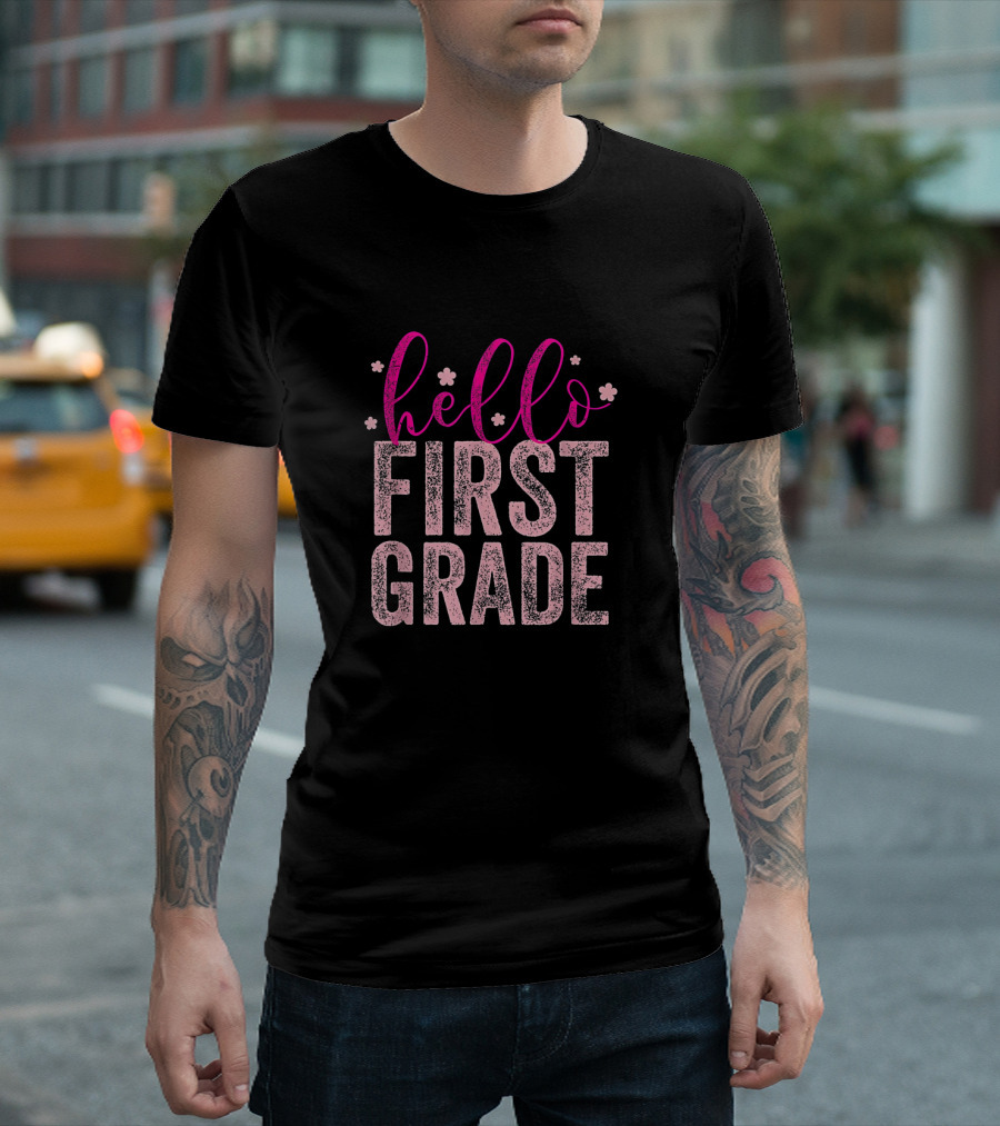 Hello First Grade Cute Pink Glitter Text For Welcome Back To School T-Shirt