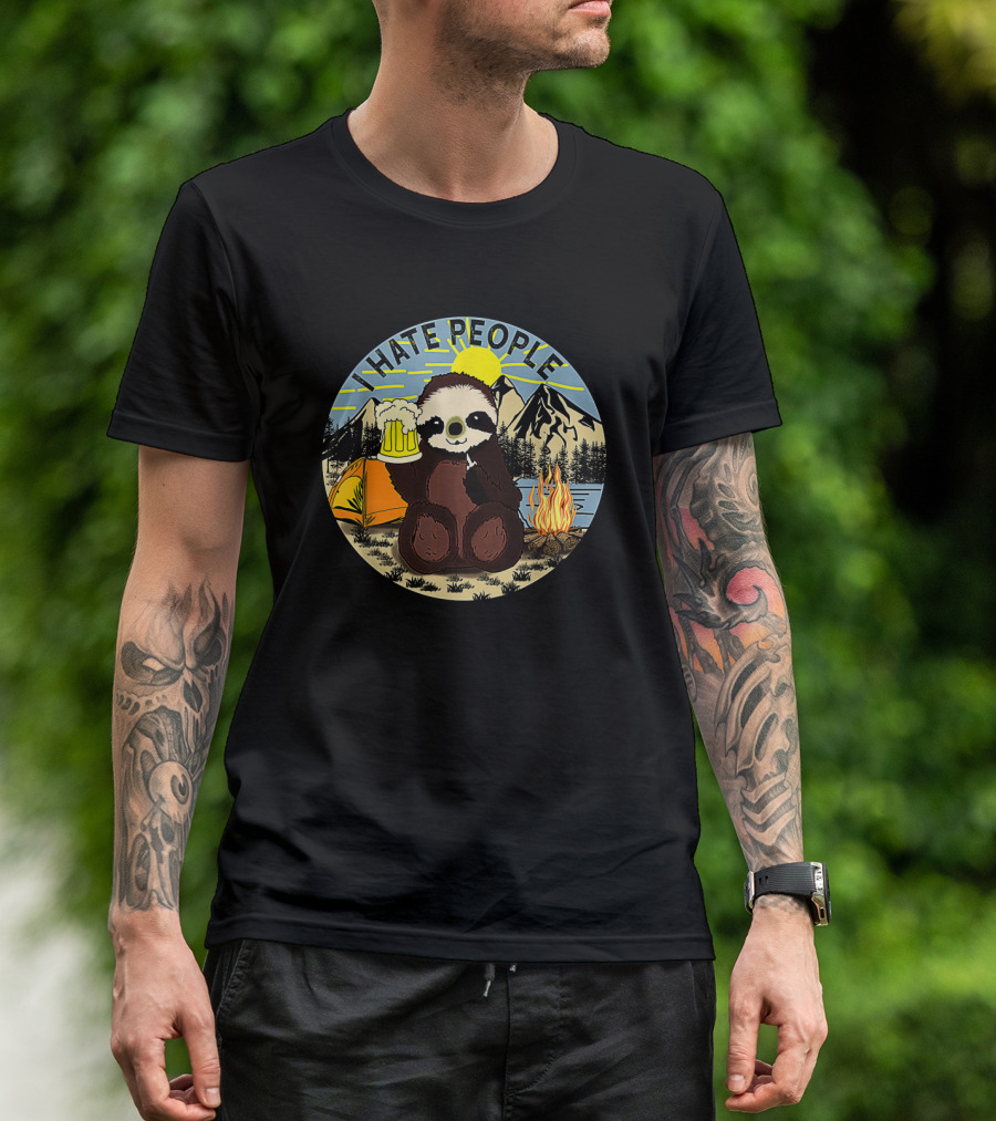 Sloth Holding Beer In Mountain Camping Scene With I Hate People Text T-Shirt