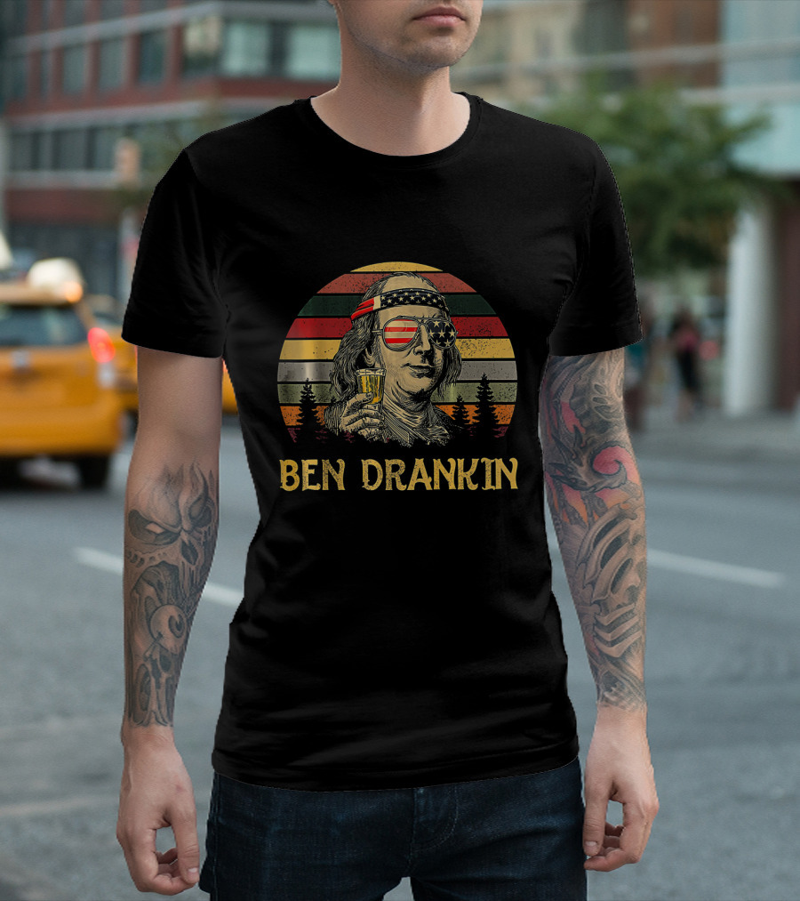 Ben Drankin 4th of July American Flag Sunglasses Patriotic Vintage Style Retro Adornment T-Shirt
