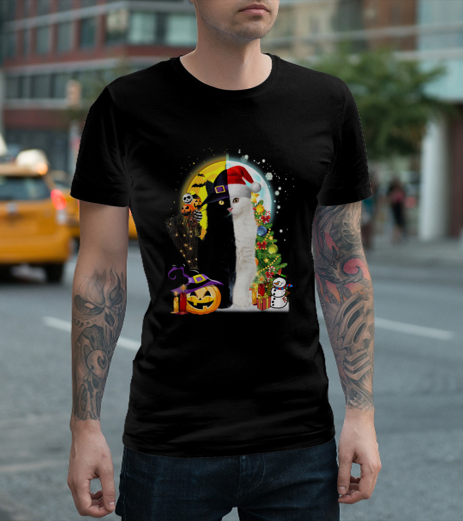 Black And White Cat Halloween Pumpkin Witch Hat And Merry Christmas Tree Santa Hat Snowman T-Shirt
