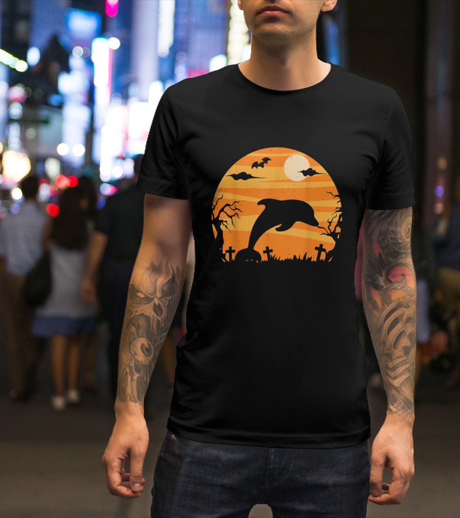 Dolphin Halloween Moon Graveyard Scene With Bats And Trees T-Shirt