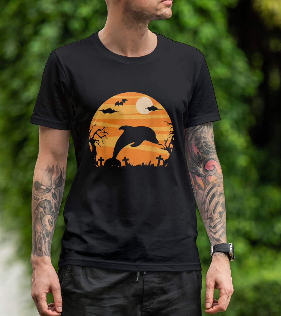 Dolphin Halloween Moon Graveyard Scene With Bats And Trees T-Shirt