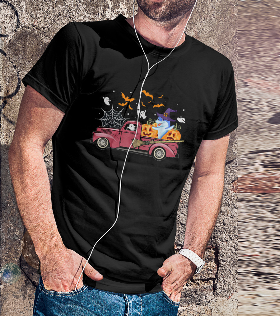 Halloween Ghost Dolphin Riding Red Truck With Pumpkins And Witch Hat T-Shirt