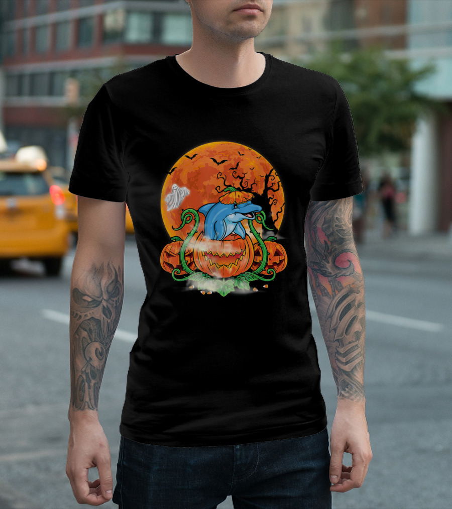 Dolphin Inside Pumpkin with Halloween Moon and Ghost T-Shirt
