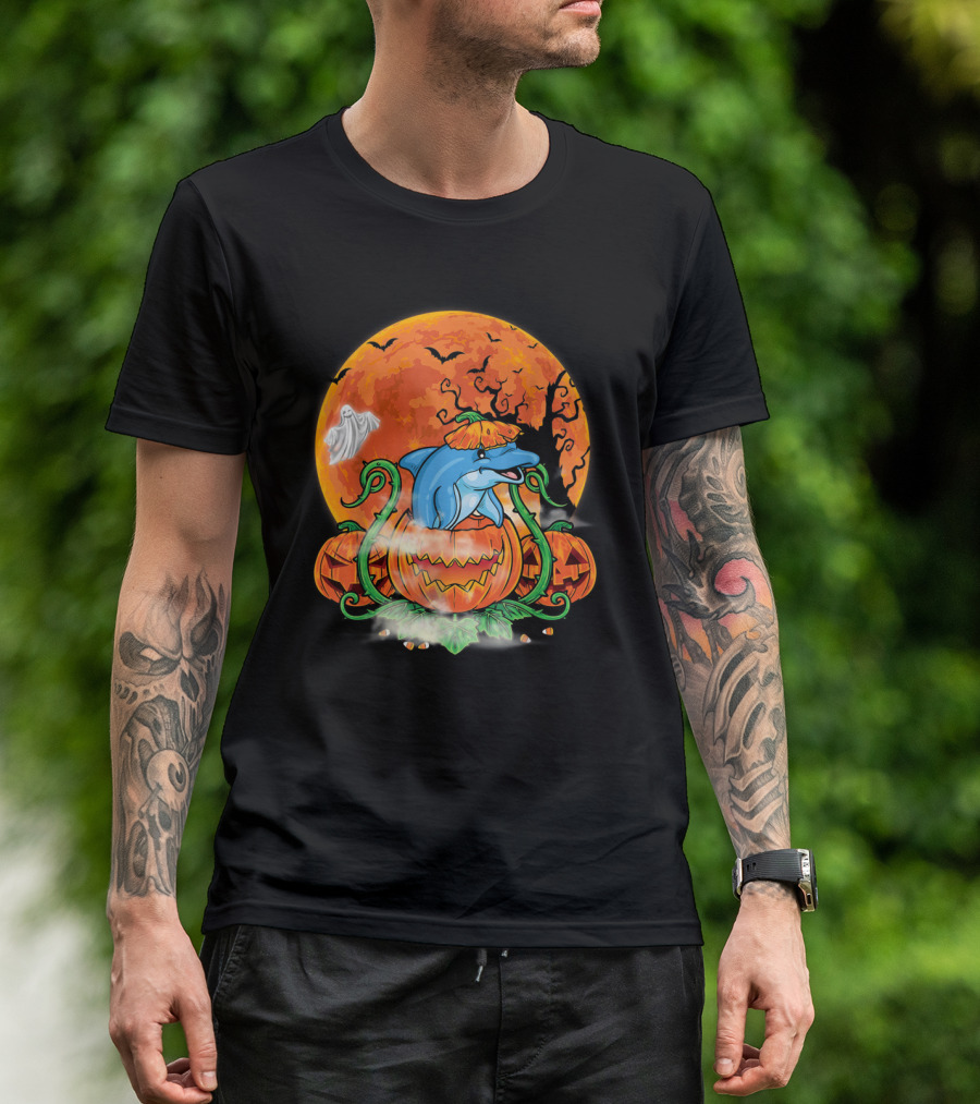Dolphin Inside Pumpkin With Halloween Moon And Ghost T-Shirt