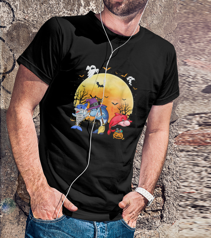Halloween Dolphins: Mummy, Witch, And Devil With Ghosts And Bats T-Shirt