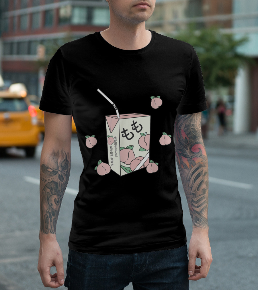90s Japanese Aesthetic Otaku Anime Peach Juice Box With Kanji And Pastel Peaches T-Shirt