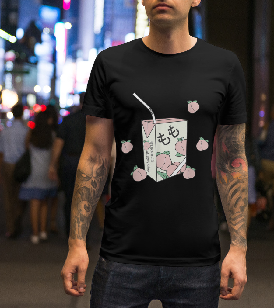 90s Japanese Aesthetic Otaku Anime Peach Juice Box With Kanji And Pastel Peaches T-Shirt