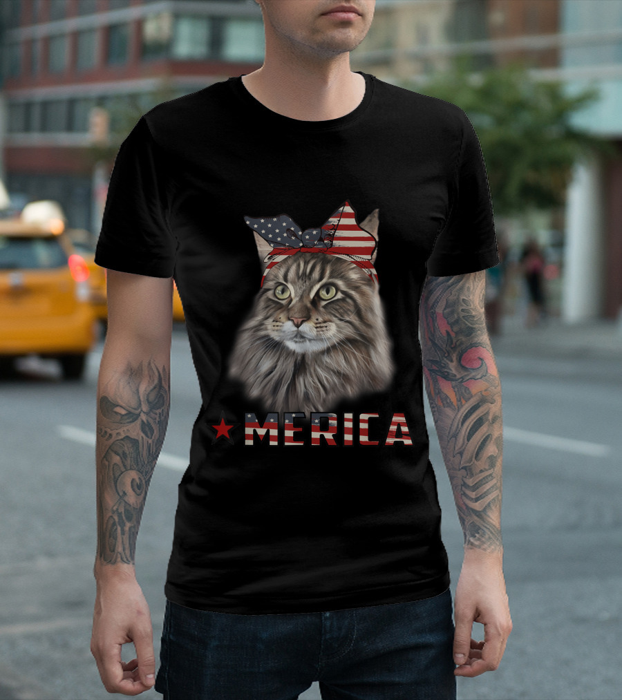 Maine Coon Cat with Patriotic Bandana 'Merica for 4th of July Lovers T-Shirt