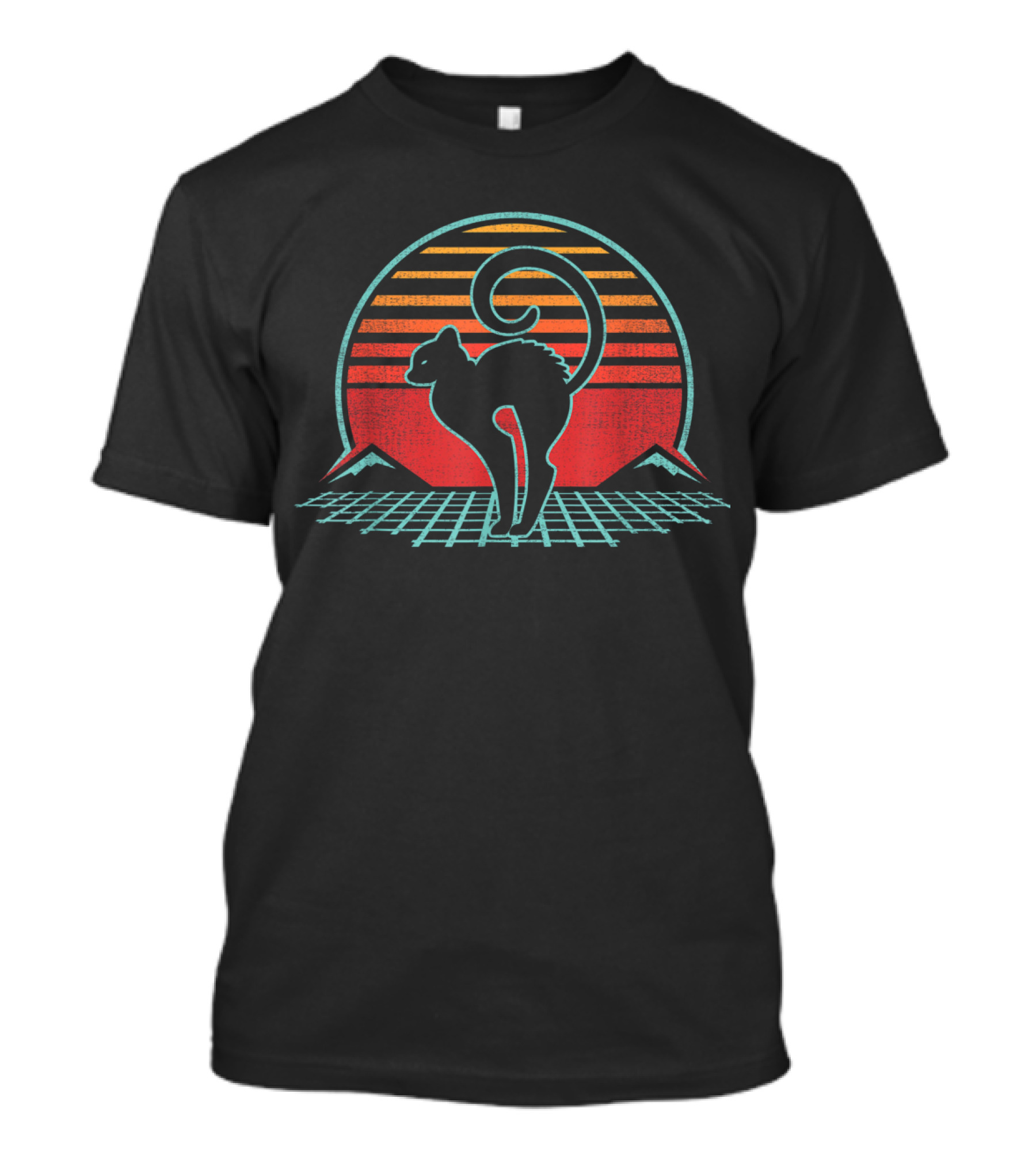 Retro 80s Sunset Angry Hissing Cat Vintage Animal Lover T-Shirt