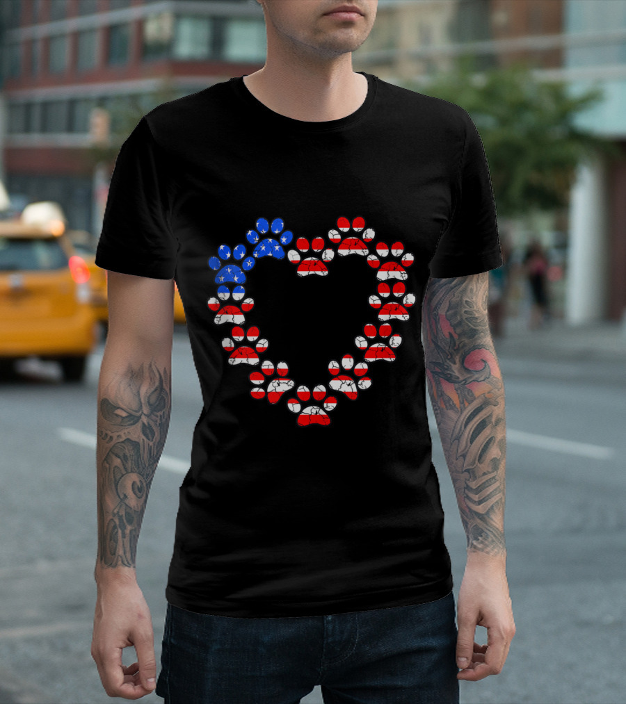 USA Flag Cat Dog Paw Prints Heart Animal Lover Patriotic Emblem T-Shirt