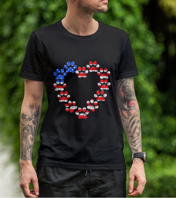 USA Flag Cat Dog Paw Prints Heart Animal Lover Patriotic Emblem T-Shirt
