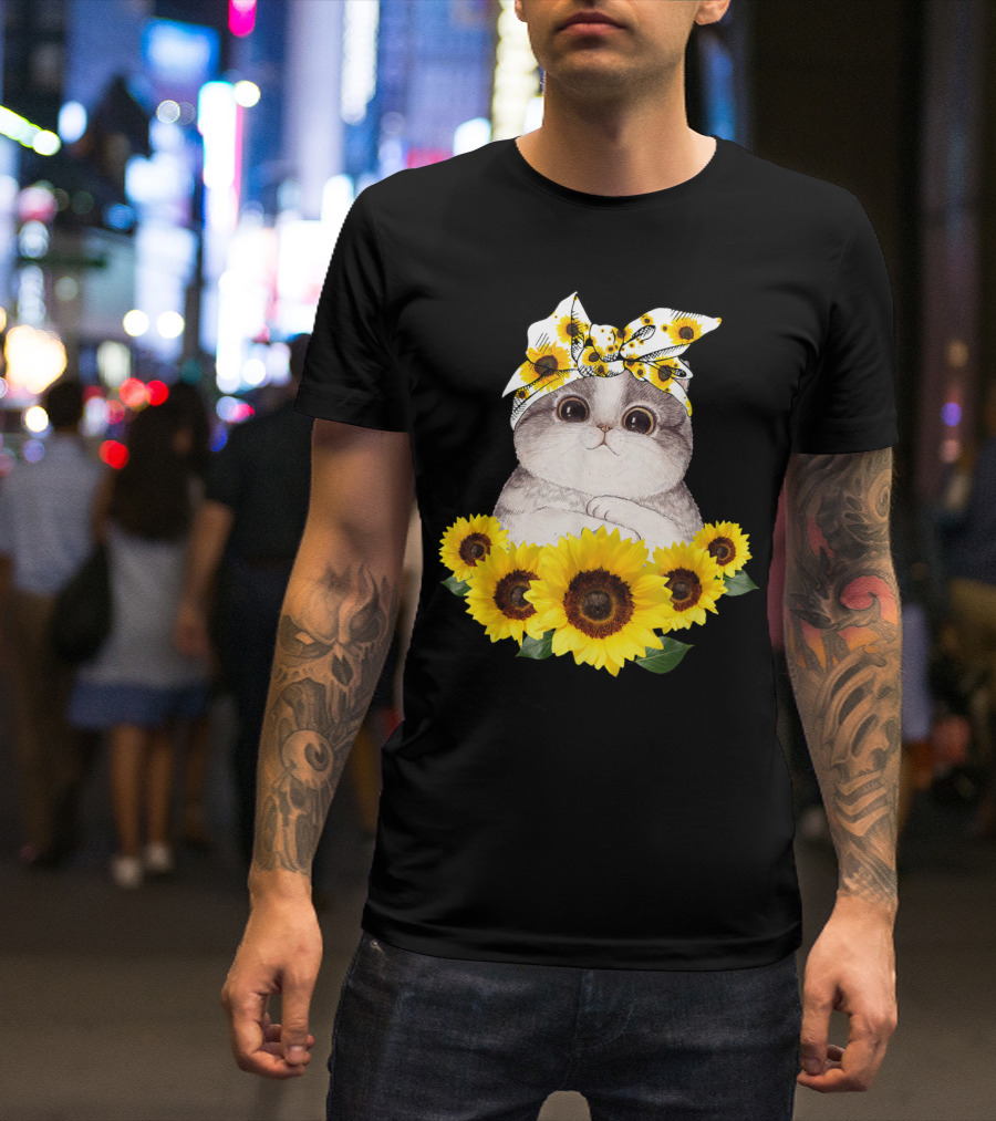 Sunflower Cat Headband Adorable Cats Lovers T-Shirt