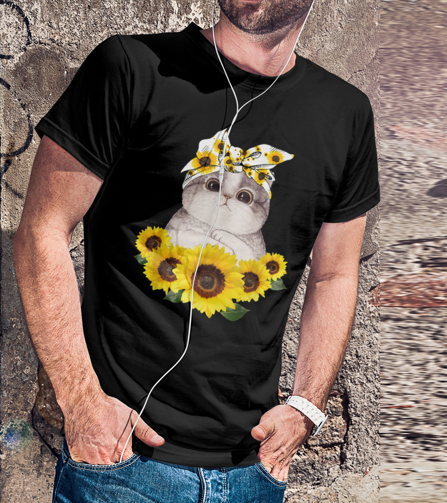 Sunflower Cat Headband Adorable Cats Lovers T-Shirt