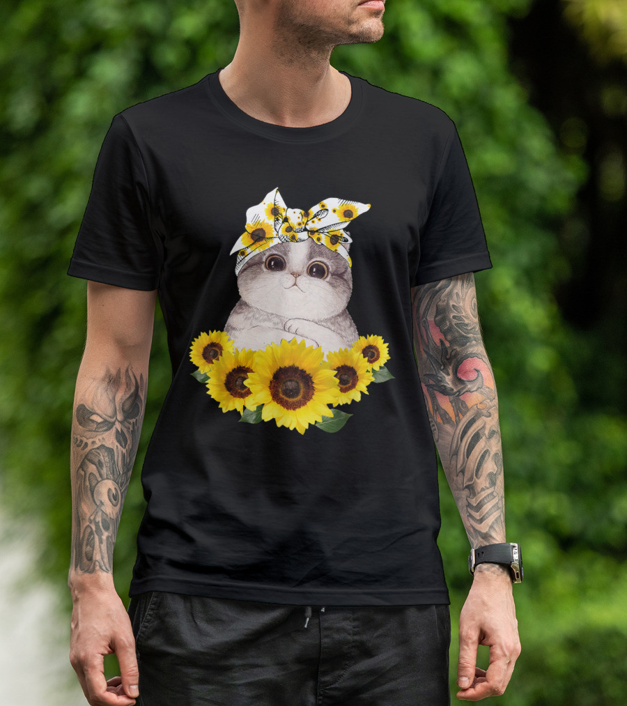 Sunflower Cat Headband Adorable Cats Lovers T-Shirt