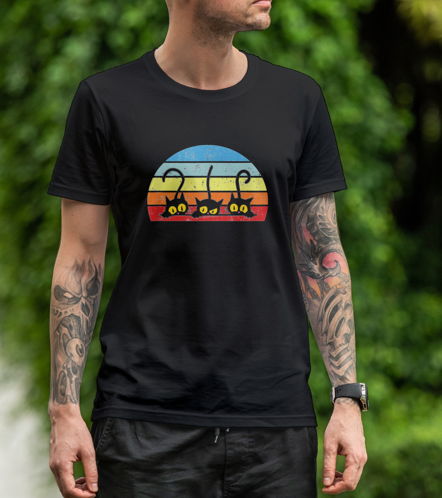 Three Playful Kitties Retro Striped Sunset Background T-Shirt
