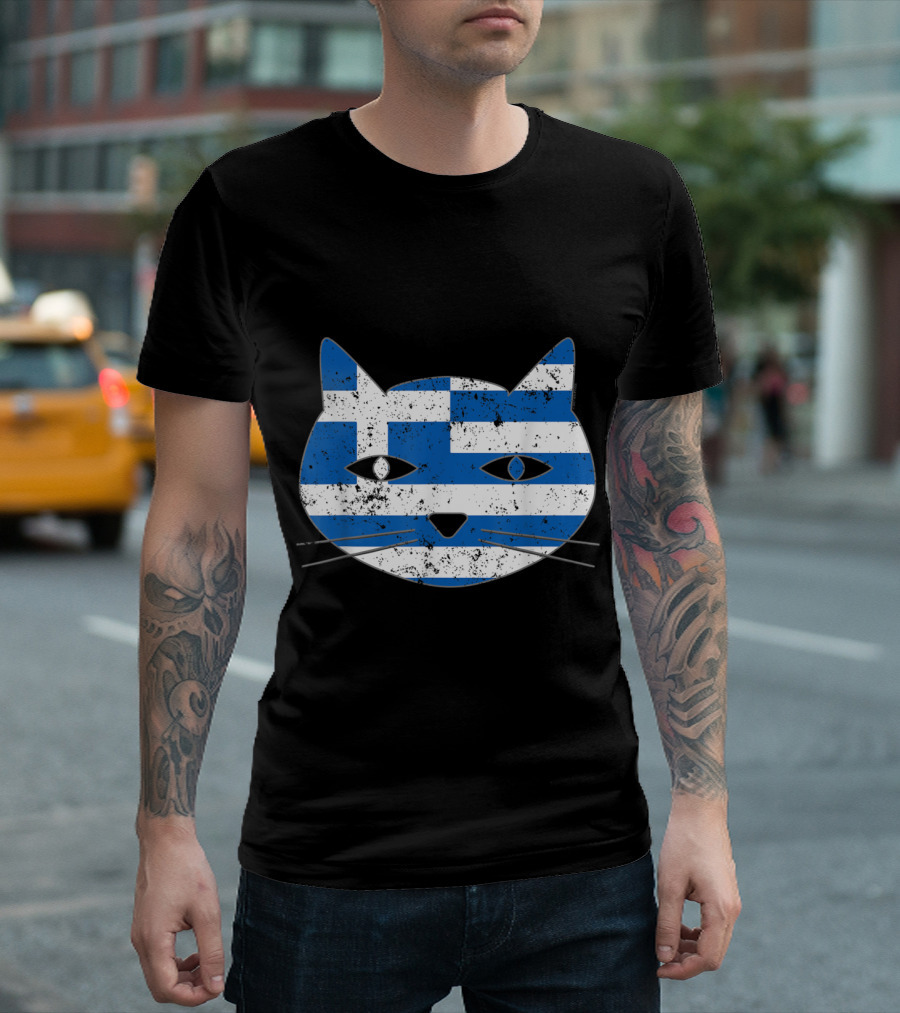 Greek Flag Cat Head Design for Cat Lovers T-Shirt