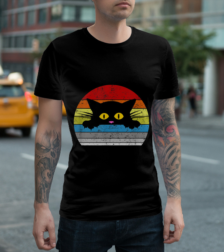 Vintage Rainbow Cat Peeking Retro 80s Style for Cat Lovers T-Shirt