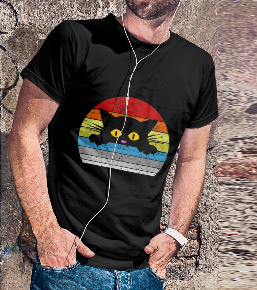 Vintage Rainbow Cat Peeking Retro 80s Style For Cat Lovers T-Shirt
