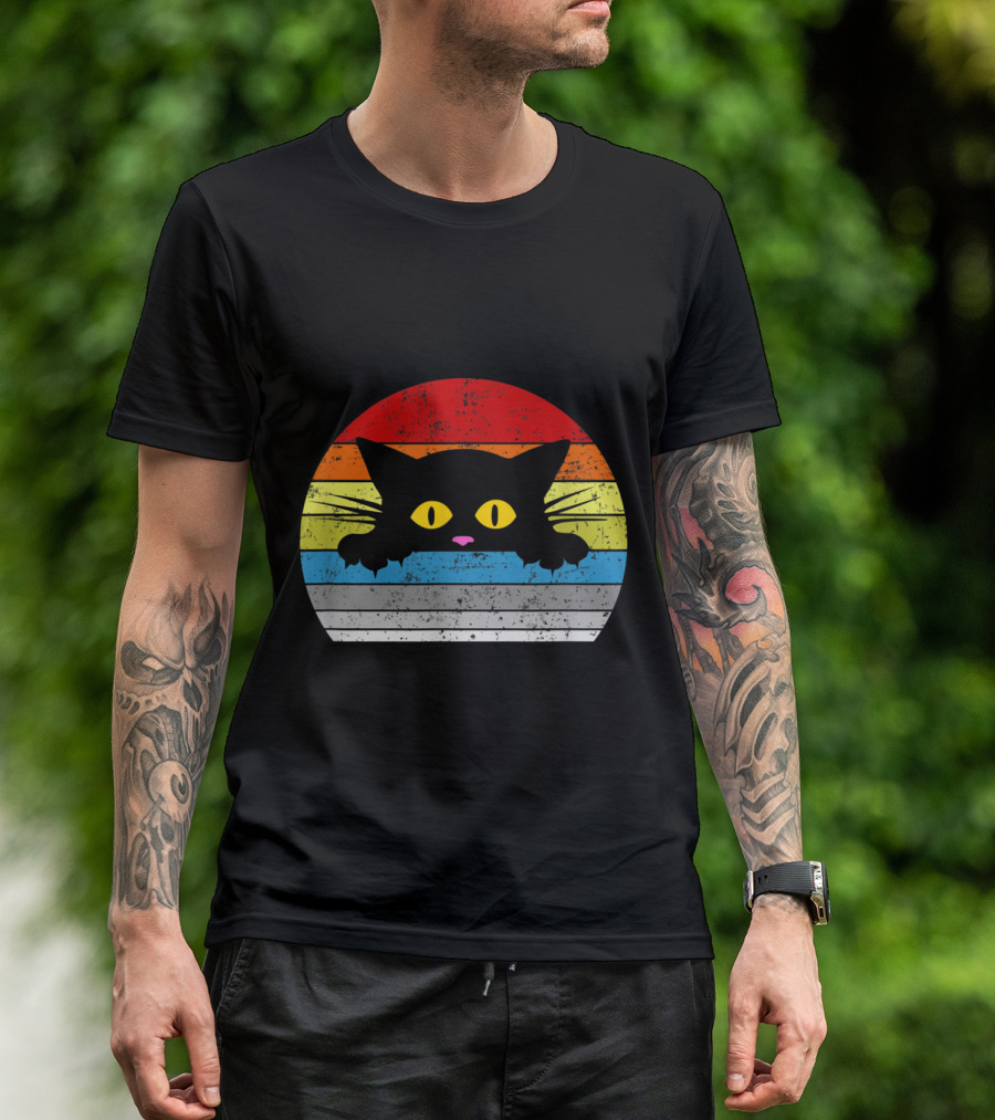 Vintage Rainbow Cat Peeking Retro 80s Style For Cat Lovers T-Shirt