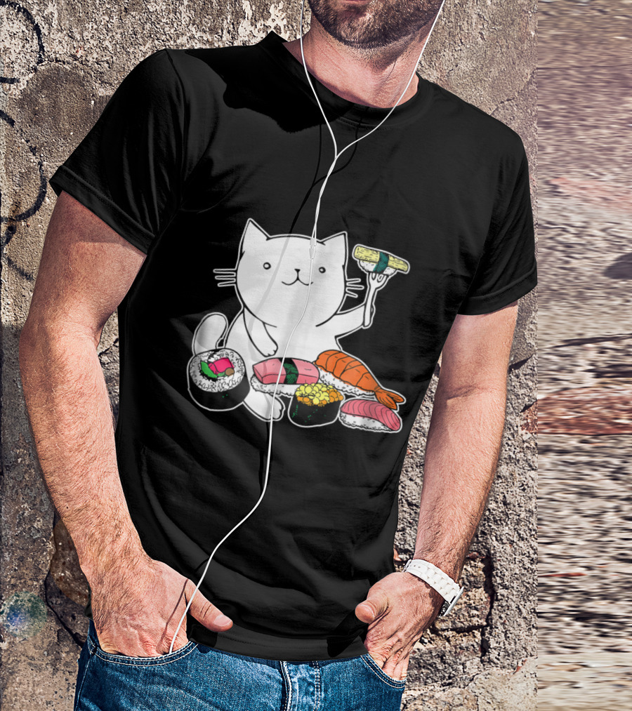 Playful Cat Enjoying Colorful Sushi Plate T-Shirt