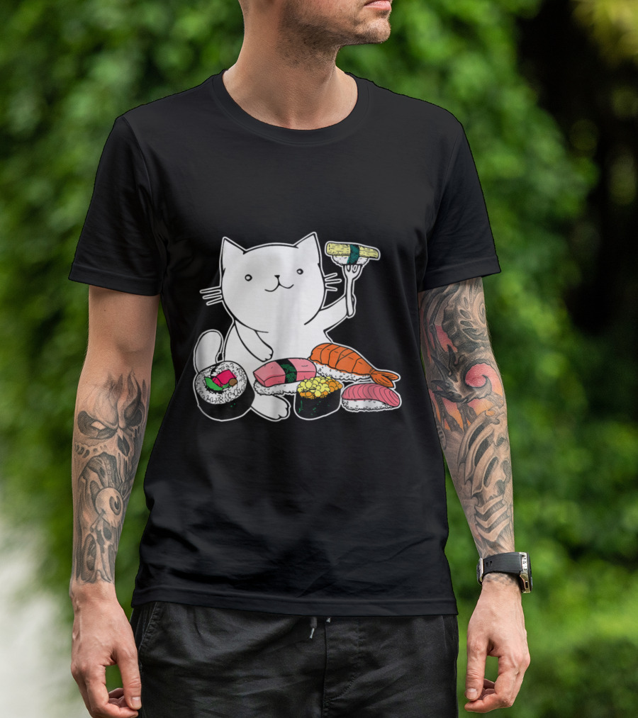 Playful Cat Enjoying Colorful Sushi Plate T-Shirt